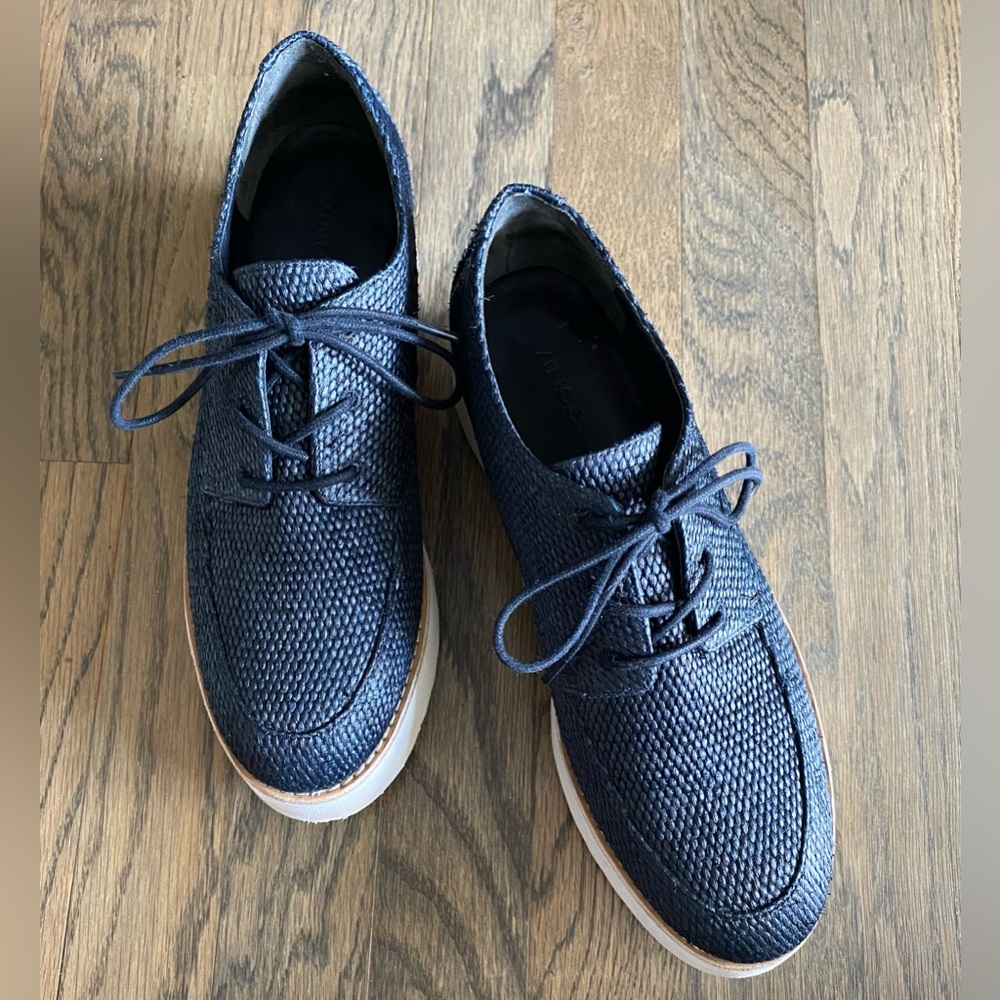 VINCE | Vince Raffia Oxfords.  Size 37.5 (EU) / 7.5 US.
Black, Semi-pointed toe